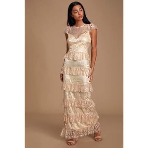 Lulus Romantic Daydreamer Champagne Lace Tier Maxi